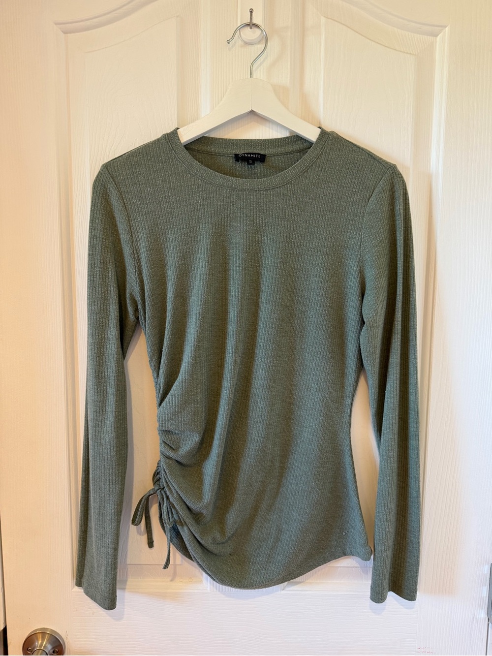 Dynamite Olive Green Ribbed Ruched Drawstring Top M